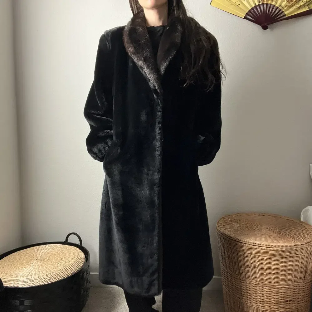 80s vintage black brown minimalist classic faux fur long winter coat - Picture 2 of 8